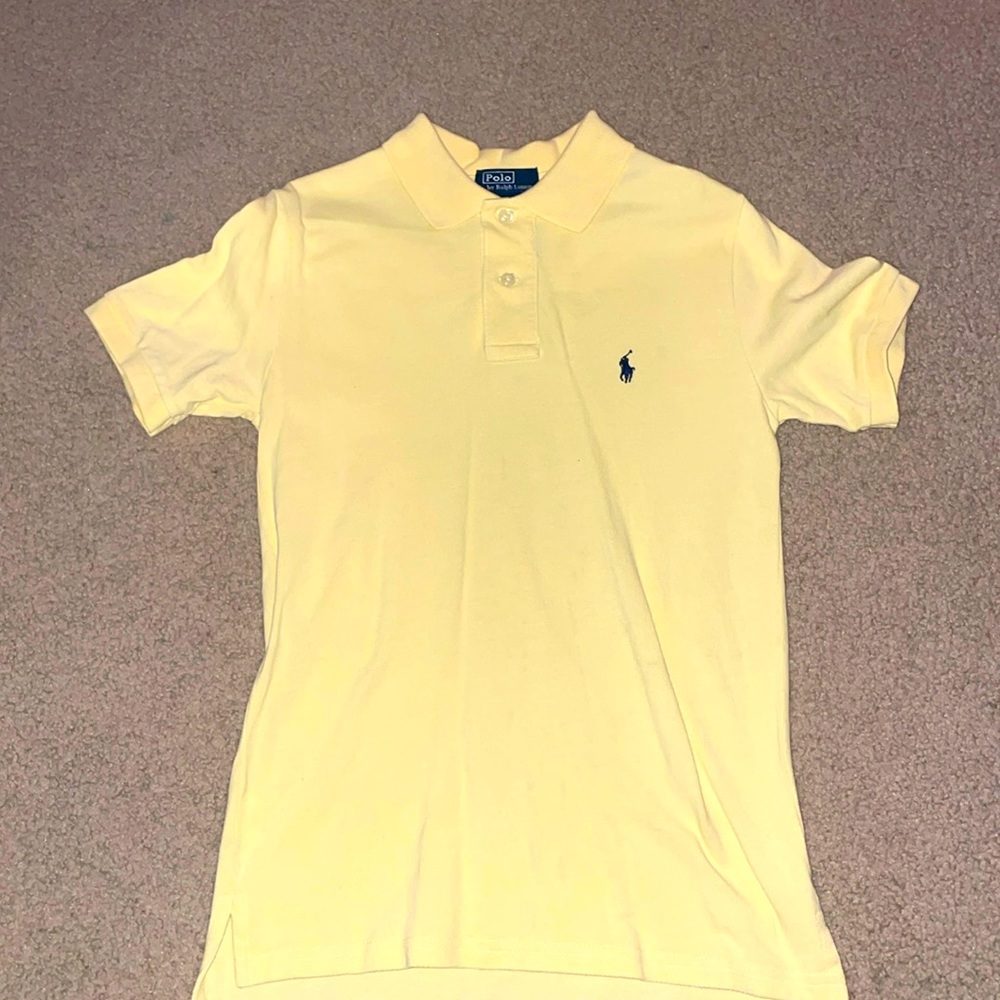 Polo by Ralph Lauren, two button collared, short, sleeved, yellow shirt